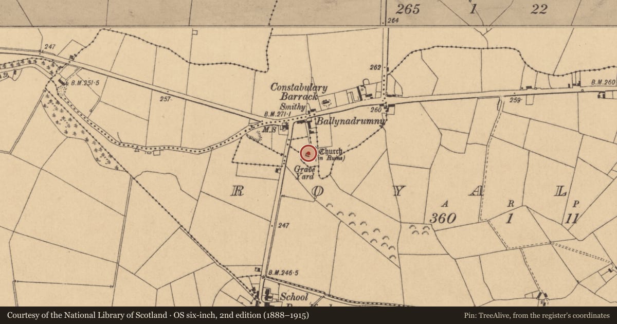 Ordnance Survey six-inch map, 2nd edition (1888–1915) covering the location of Graveslab, Ballynadrumny, County Kildare, with a pin at the register's coordinates