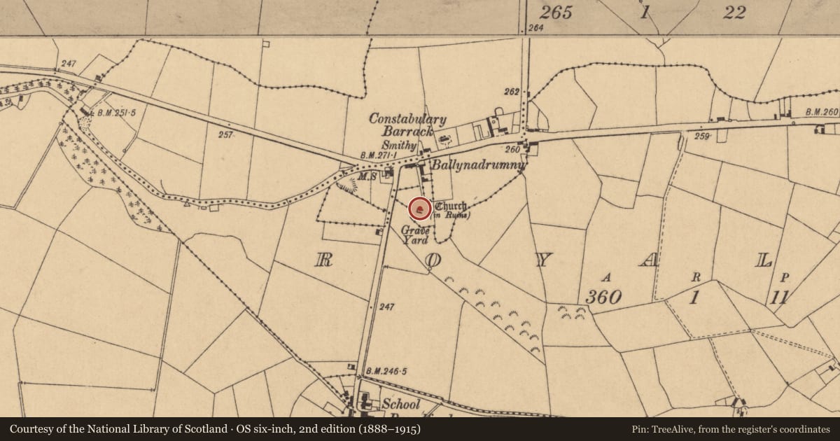 Ordnance Survey six-inch map, 2nd edition (1888–1915) covering the location of Graveslab, Ballynadrumny, County Kildare, with a pin at the register's coordinates