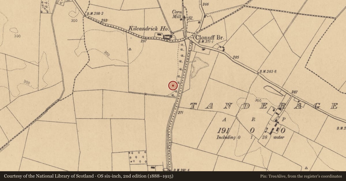 Ordnance Survey six-inch map, 2nd edition (1888–1915) covering the location of Burial ground, Ballinderry, County Kildare, with a pin at the register's coordinates