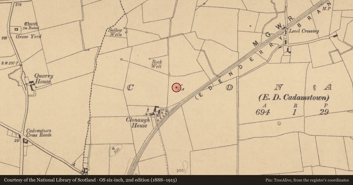 Ordnance Survey six-inch map, 2nd edition (1888–1915) covering the location of Enclosure, Clonagh, County Kildare, with a pin at the register's coordinates