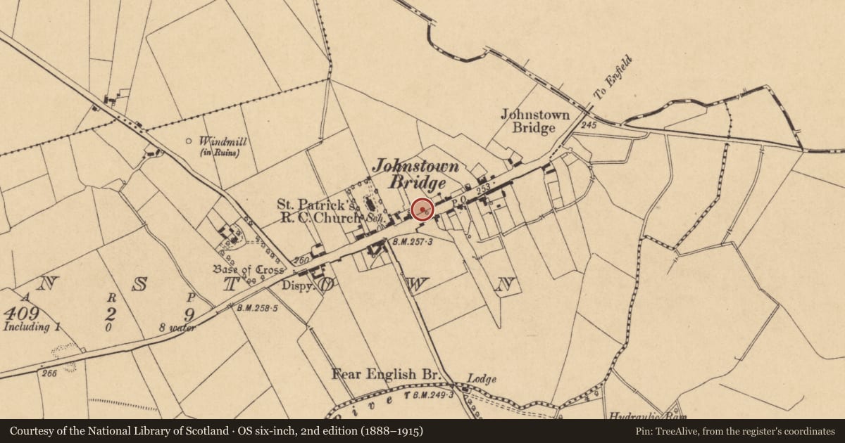Ordnance Survey six-inch map, 2nd edition (1888–1915) covering the location of Architectural fragment, Johnstown, County Kildare, with a pin at the register's coordinates