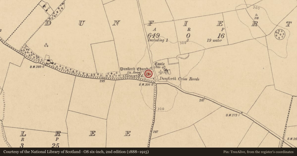 Ordnance Survey six-inch map, 2nd edition (1888–1915) covering the location of Church, Dunfierth, County Kildare, with a pin at the register's coordinates