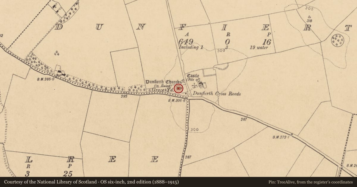 Ordnance Survey six-inch map, 2nd edition (1888–1915) covering the location of Tomb - effigial, Dunfierth, County Kildare, with a pin at the register's coordinates