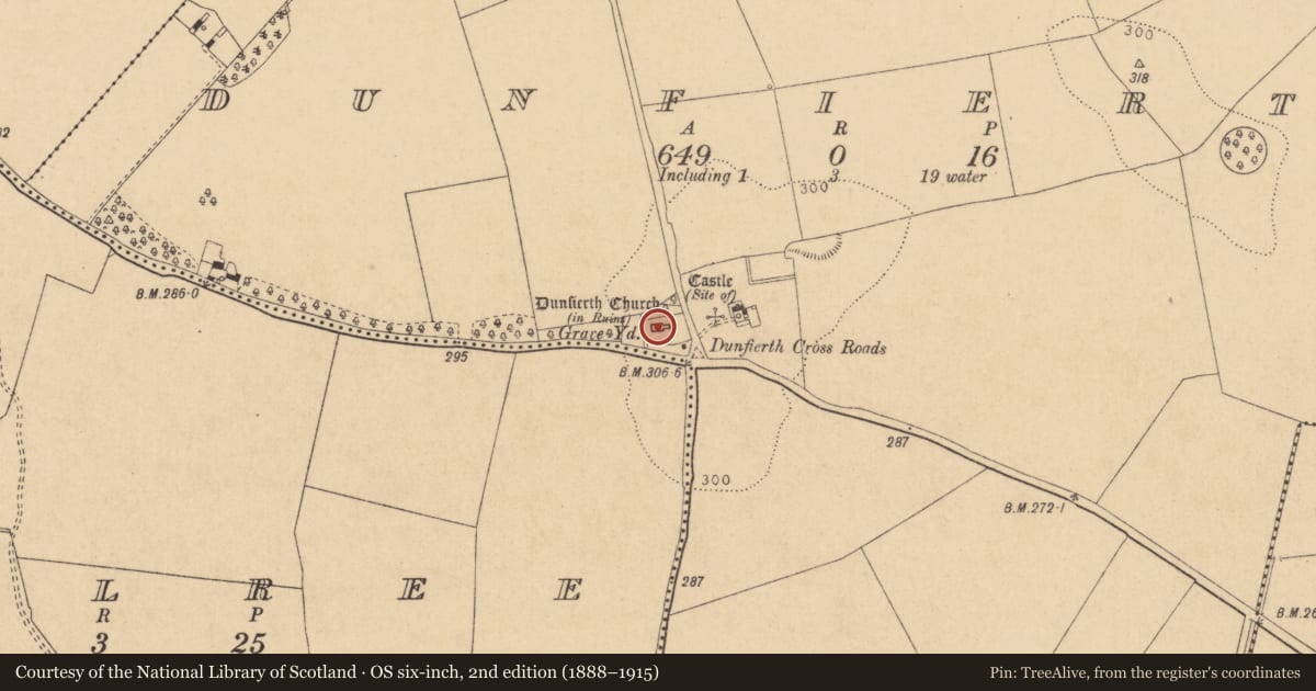 Ordnance Survey six-inch map, 2nd edition (1888–1915) covering the location of Graveyard, Dunfierth, County Kildare, with a pin at the register's coordinates