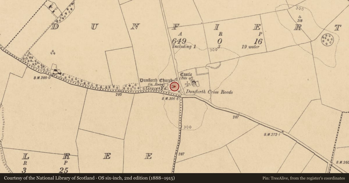 Ordnance Survey six-inch map, 2nd edition (1888–1915) covering the location of Tomb - chest tomb, Dunfierth, County Kildare, with a pin at the register's coordinates