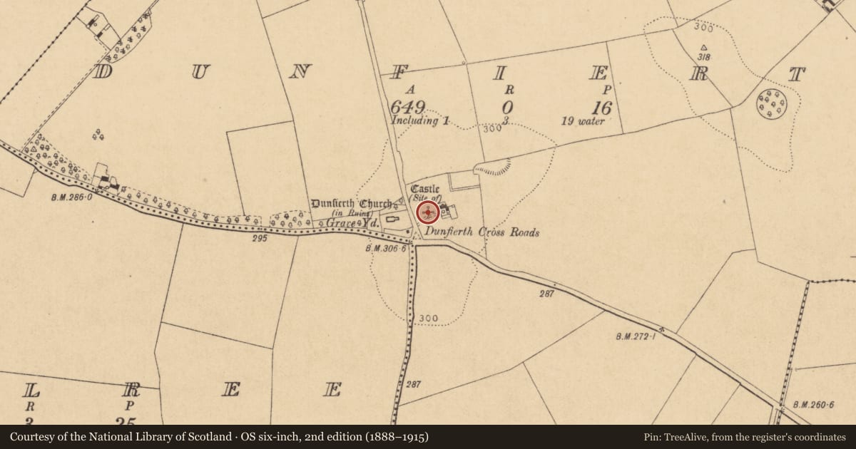 Ordnance Survey six-inch map, 2nd edition (1888–1915) covering the location of Castle - unclassified, Dunfierth, County Kildare, with a pin at the register's coordinates