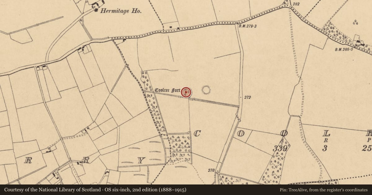 Ordnance Survey six-inch map, 2nd edition (1888–1915) covering the location of Ringfort - rath, Coolree, County Kildare, with a pin at the register's coordinates