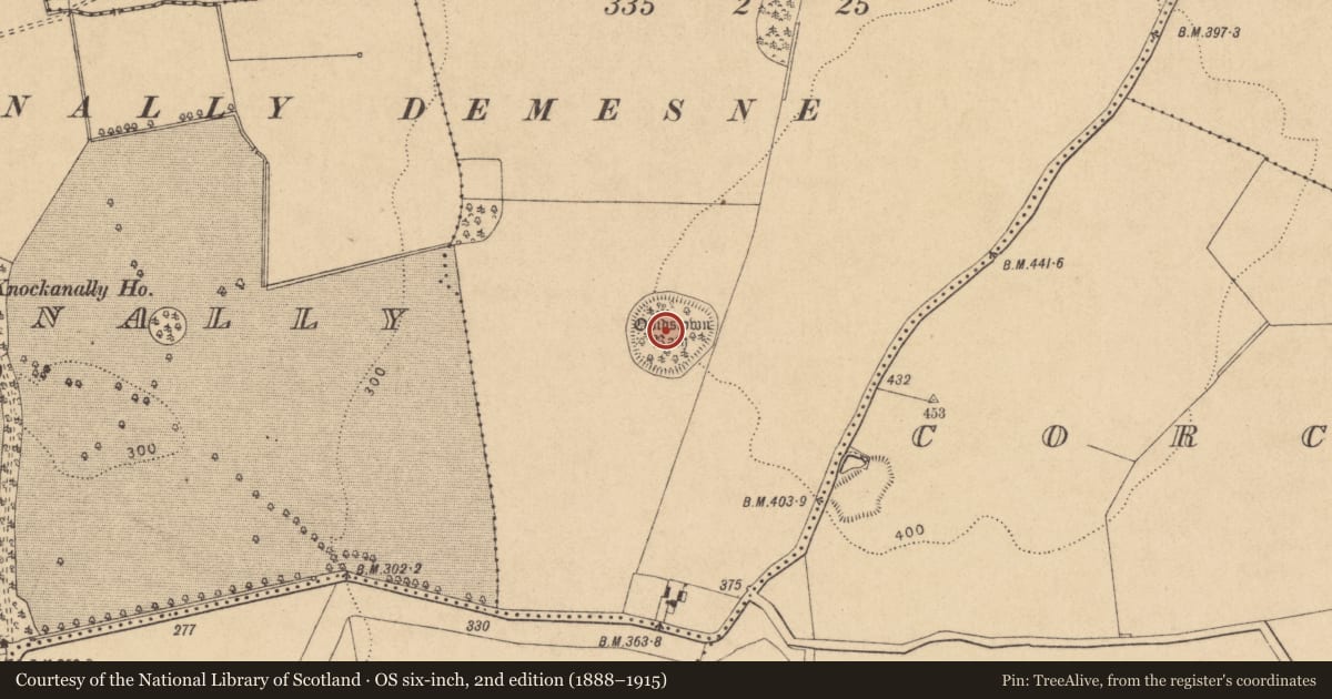 Ordnance Survey six-inch map, 2nd edition (1888–1915) covering the location of Enclosure, Ovidstown, County Kildare, with a pin at the register's coordinates