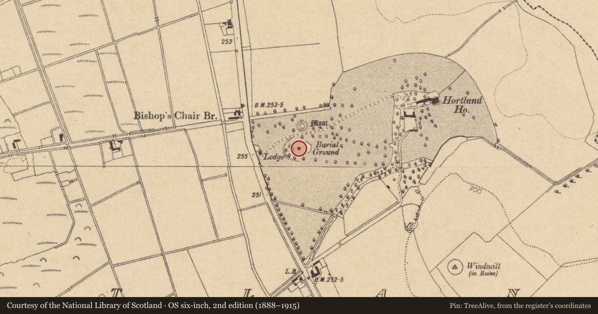 Ordnance Survey six-inch map, 2nd edition (1888–1915) covering the location of Font, Hortland, County Kildare, with a pin at the register's coordinates