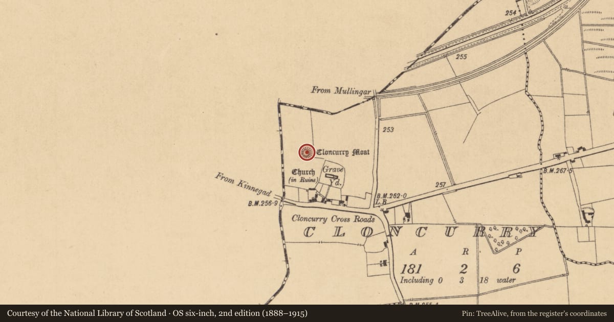 Ordnance Survey six-inch map, 2nd edition (1888–1915) covering the location of Castle - motte, Cloncurry, County Kildare, with a pin at the register's coordinates