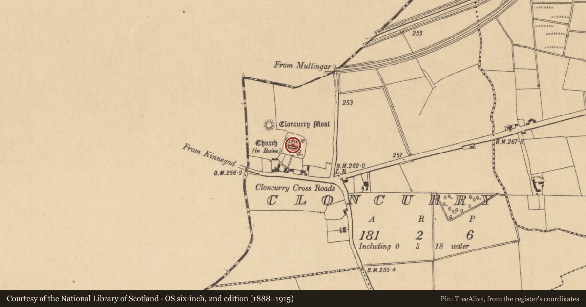 Ordnance Survey six-inch map, 2nd edition (1888–1915) covering the location of Church, Cloncurry, County Kildare, with a pin at the register's coordinates