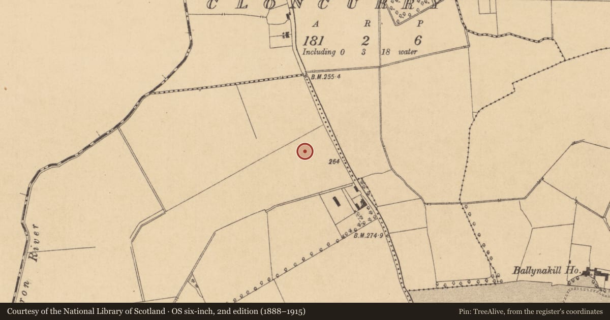 Ordnance Survey six-inch map, 2nd edition (1888–1915) covering the location of Field boundary, Ballyvoneen, County Kildare, with a pin at the register's coordinates