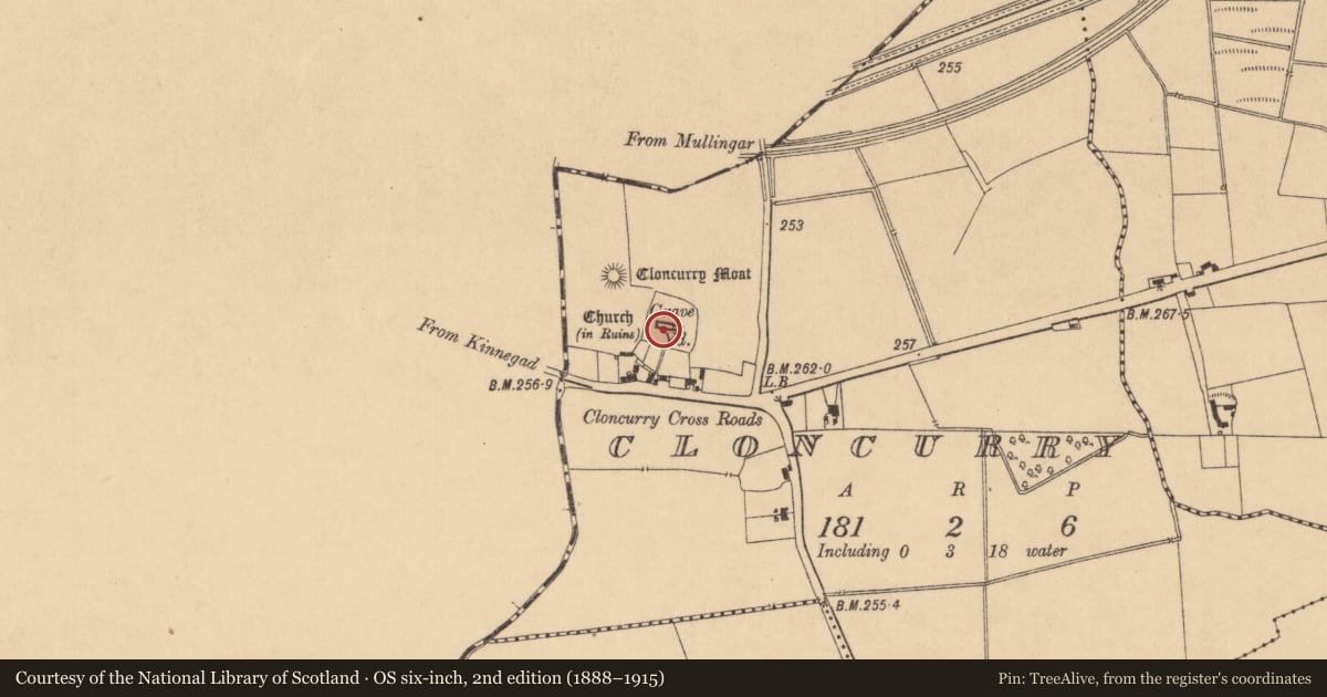 Ordnance Survey six-inch map, 2nd edition (1888–1915) covering the location of Graveyard, Cloncurry, County Kildare, with a pin at the register's coordinates