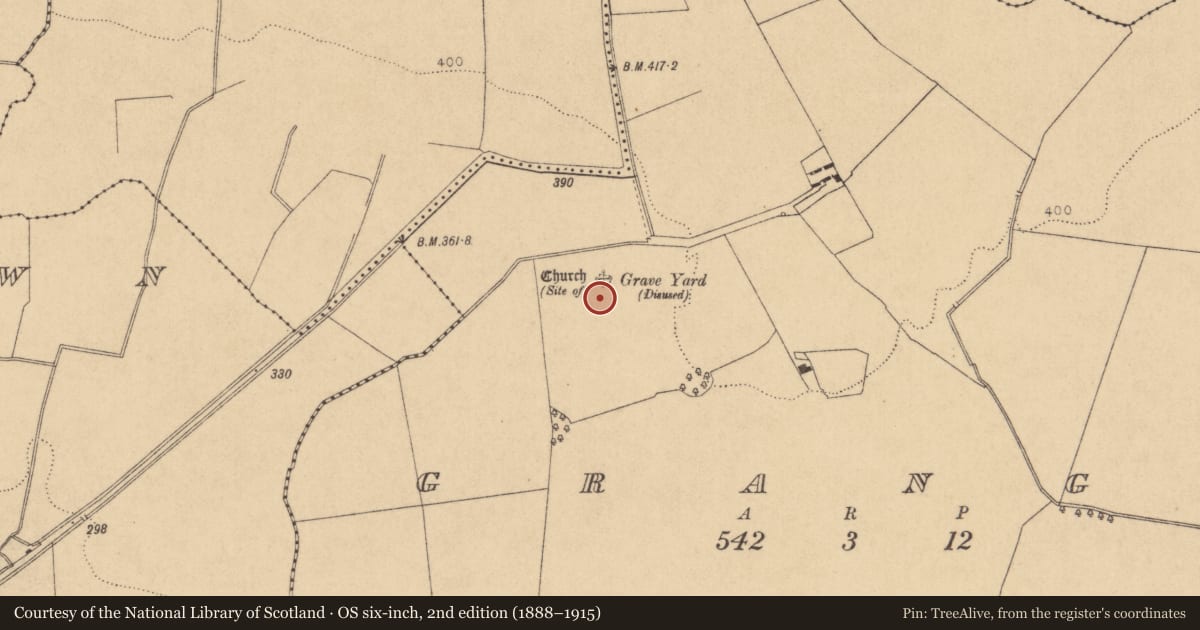 Ordnance Survey six-inch map, 2nd edition (1888–1915) covering the location of Ecclesiastical enclosure, Grange, County Kildare, with a pin at the register's coordinates