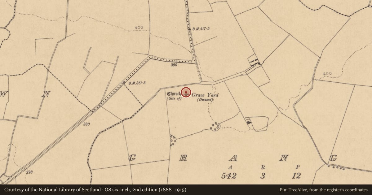 Ordnance Survey six-inch map, 2nd edition (1888–1915) covering the location of Church, Grange, County Kildare, with a pin at the register's coordinates