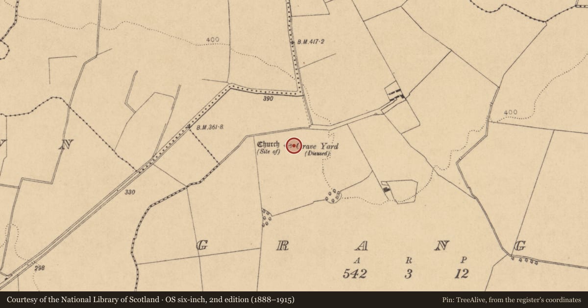 Ordnance Survey six-inch map, 2nd edition (1888–1915) covering the location of Graveyard, Grange, County Kildare, with a pin at the register's coordinates