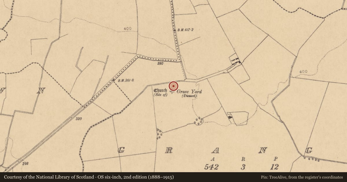 Ordnance Survey six-inch map, 2nd edition (1888–1915) covering the location of Children's burial ground, Grange, County Kildare, with a pin at the register's coordinates