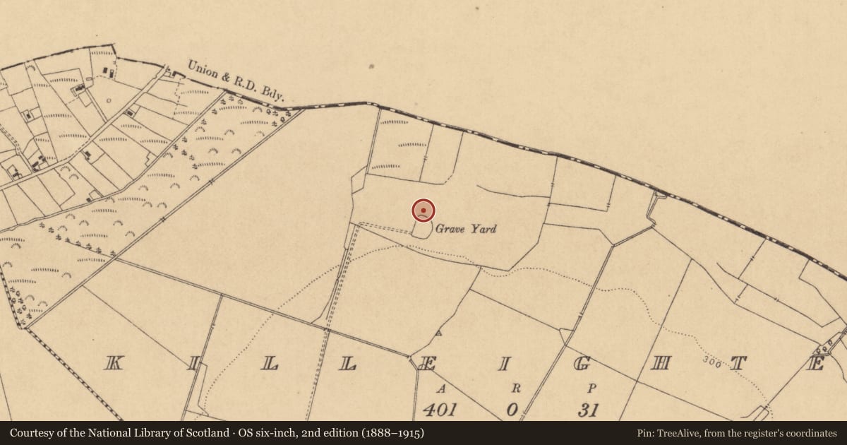 Ordnance Survey six-inch map, 2nd edition (1888–1915) covering the location of Ecclesiastical enclosure, Killeighter, County Kildare, with a pin at the register's coordinates