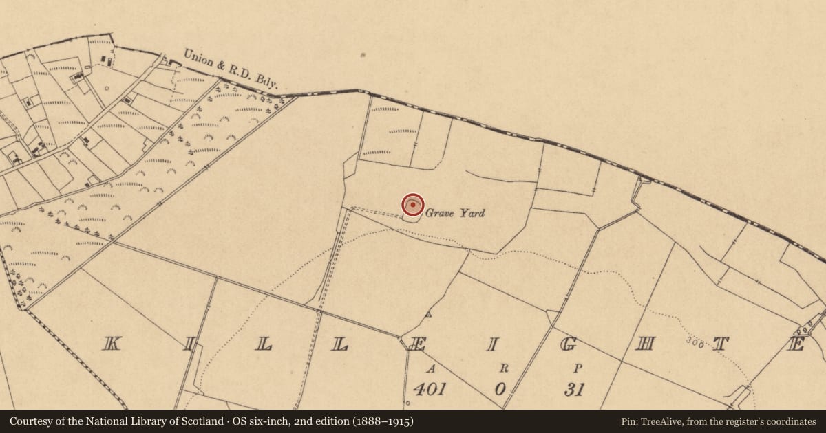 Ordnance Survey six-inch map, 2nd edition (1888–1915) covering the location of Church, Killeighter, County Kildare, with a pin at the register's coordinates