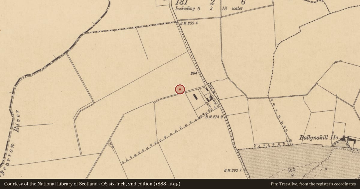 Ordnance Survey six-inch map, 2nd edition (1888–1915) covering the location of Ring-ditch, Ballyvoneen, County Kildare, with a pin at the register's coordinates