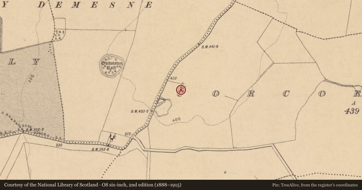 Ordnance Survey six-inch map, 2nd edition (1888–1915) covering the location of Enclosure, Corcoranstown, County Kildare, with a pin at the register's coordinates