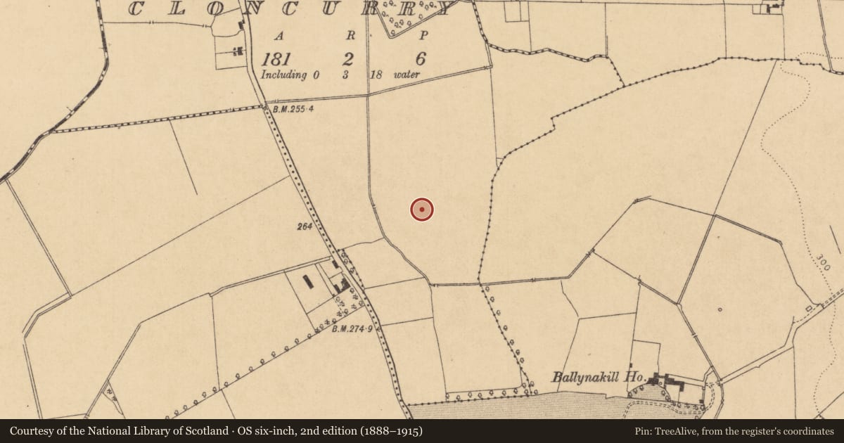 Ordnance Survey six-inch map, 2nd edition (1888–1915) covering the location of Enclosure, Cloncurry, County Kildare, with a pin at the register's coordinates
