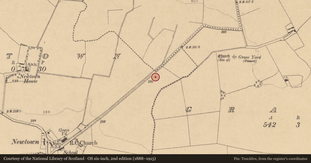 Ordnance Survey six-inch map, 2nd edition (1888–1915) covering the location of Enclosure, Newtown, County Kildare, with a pin at the register's coordinates