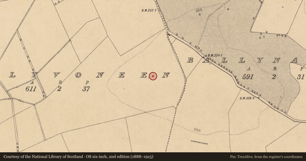 Ordnance Survey six-inch map, 2nd edition (1888–1915) covering the location of Enclosure, Ballyvoneen, County Kildare, with a pin at the register's coordinates