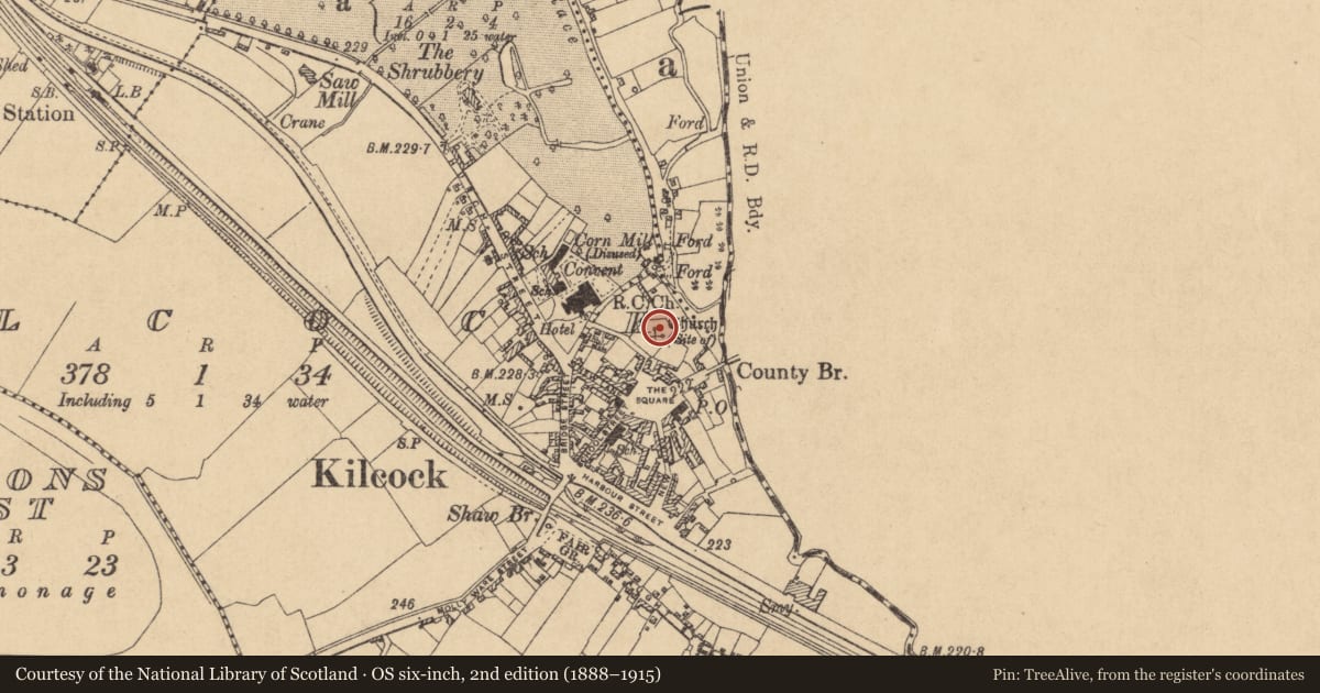 Ordnance Survey six-inch map, 2nd edition (1888–1915) covering the location of Ecclesiastical site, Kilcock, County Kildare, with a pin at the register's coordinates