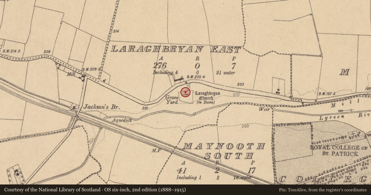 Ordnance Survey six-inch map, 2nd edition (1888–1915) covering the location of Church, Laraghbryan East, County Kildare, with a pin at the register's coordinates