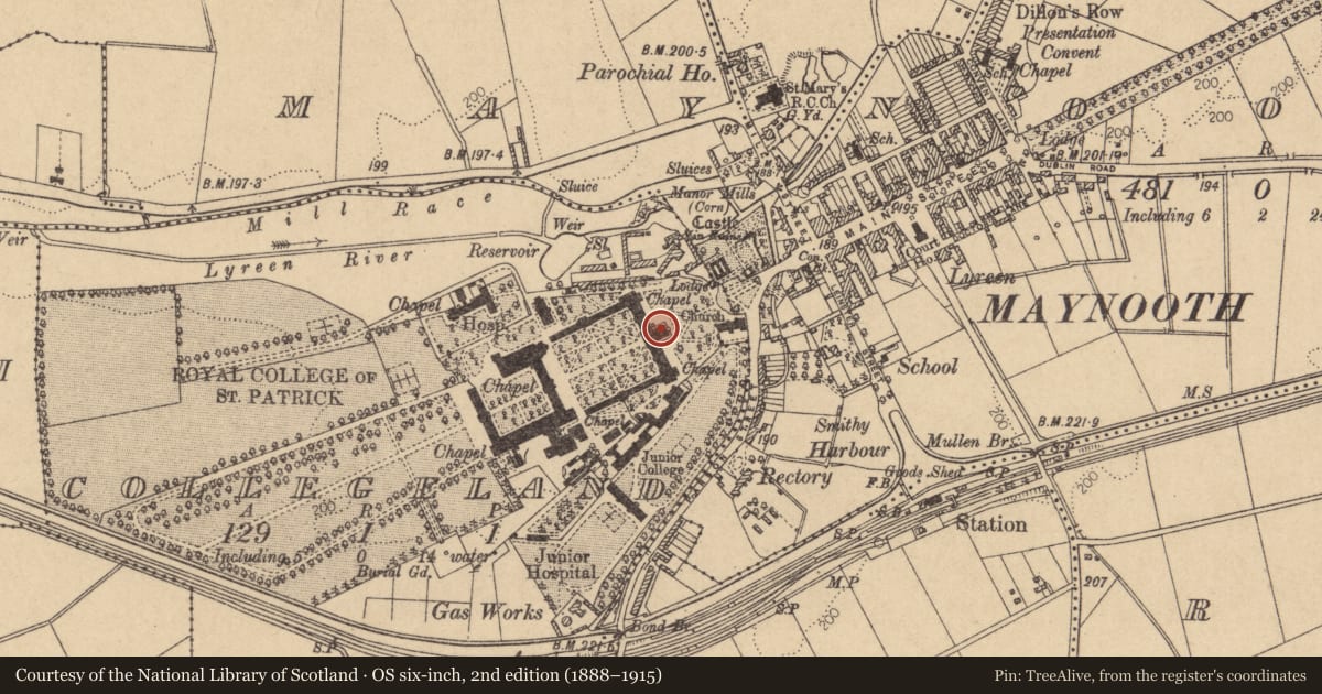 Ordnance Survey six-inch map, 2nd edition (1888–1915) covering the location of Building, Collegeland, County Kildare, with a pin at the register's coordinates