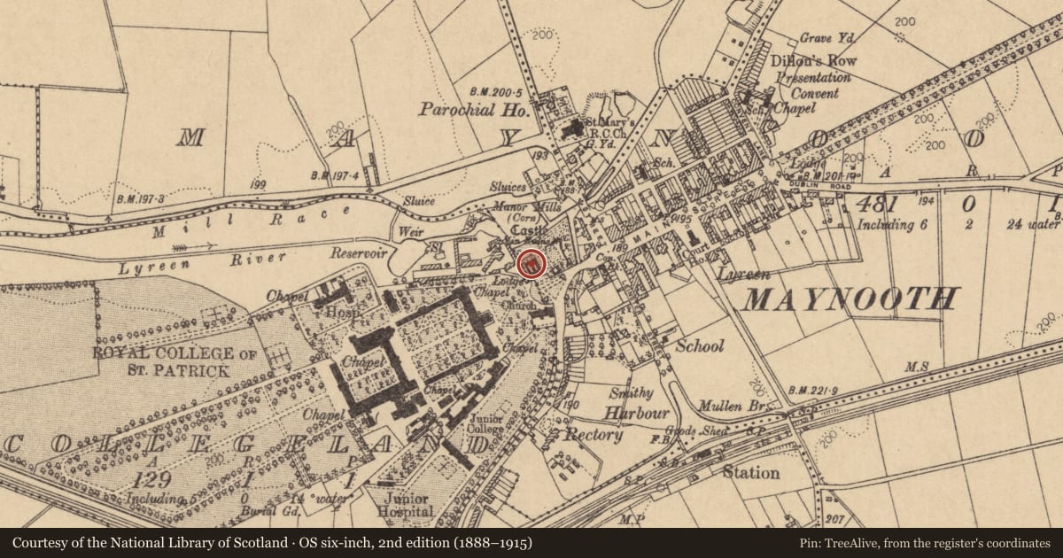 Ordnance Survey six-inch map, 2nd edition (1888–1915) covering the location of House - prehistoric, Maynooth, County Kildare, with a pin at the register's coordinates
