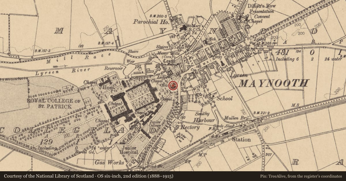 Ordnance Survey six-inch map, 2nd edition (1888–1915) covering the location of Church, Maynooth, County Kildare, with a pin at the register's coordinates
