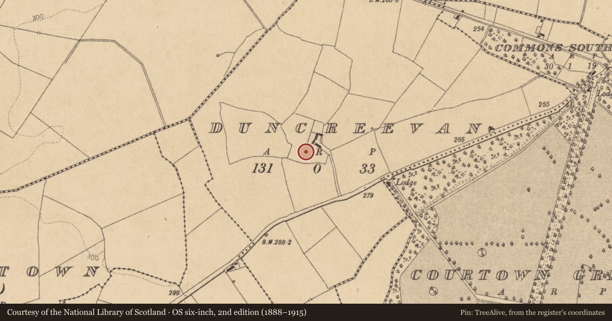 Ordnance Survey six-inch map, 2nd edition (1888–1915) covering the location of Ringfort - rath, Duncreevan, County Kildare, with a pin at the register's coordinates