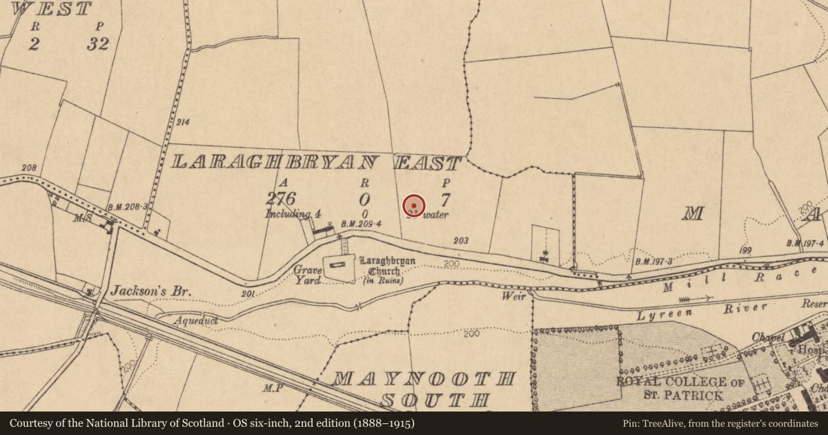 Ordnance Survey six-inch map, 2nd edition (1888–1915) covering the location of Ecclesiastical enclosure, Laraghbryan East, County Kildare, with a pin at the register's coordinates