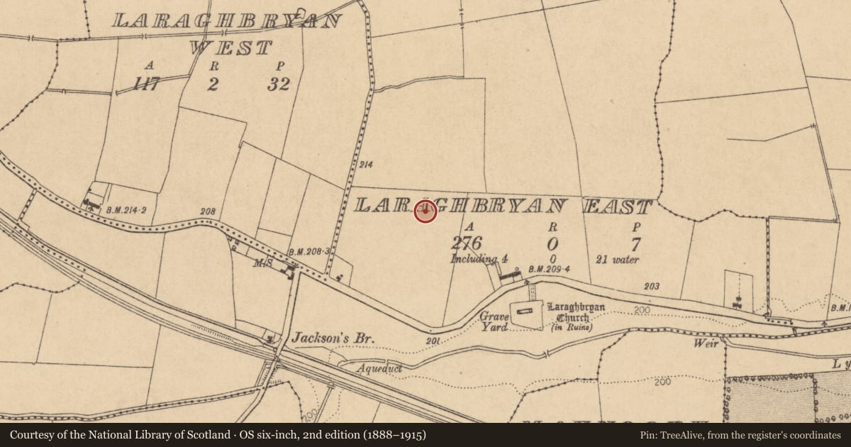 Ordnance Survey six-inch map, 2nd edition (1888–1915) covering the location of Enclosure, Laraghbryan East, County Kildare, with a pin at the register's coordinates