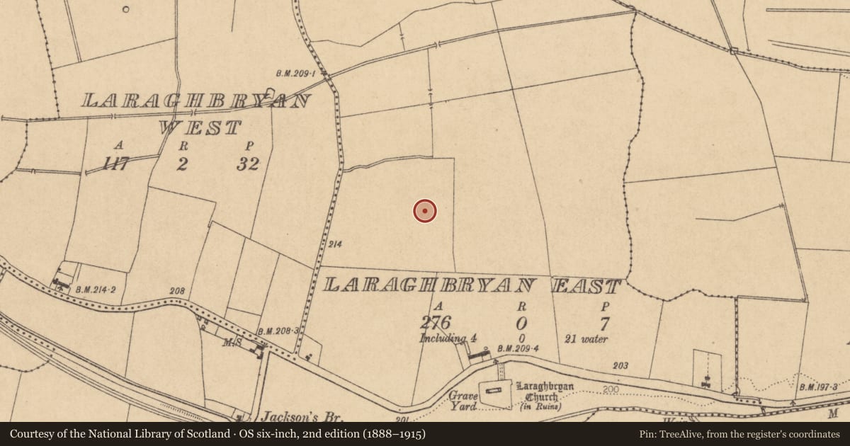 Ordnance Survey six-inch map, 2nd edition (1888–1915) covering the location of Barrow - ring-barrow, Laraghbryan East, County Kildare, with a pin at the register's coordinates