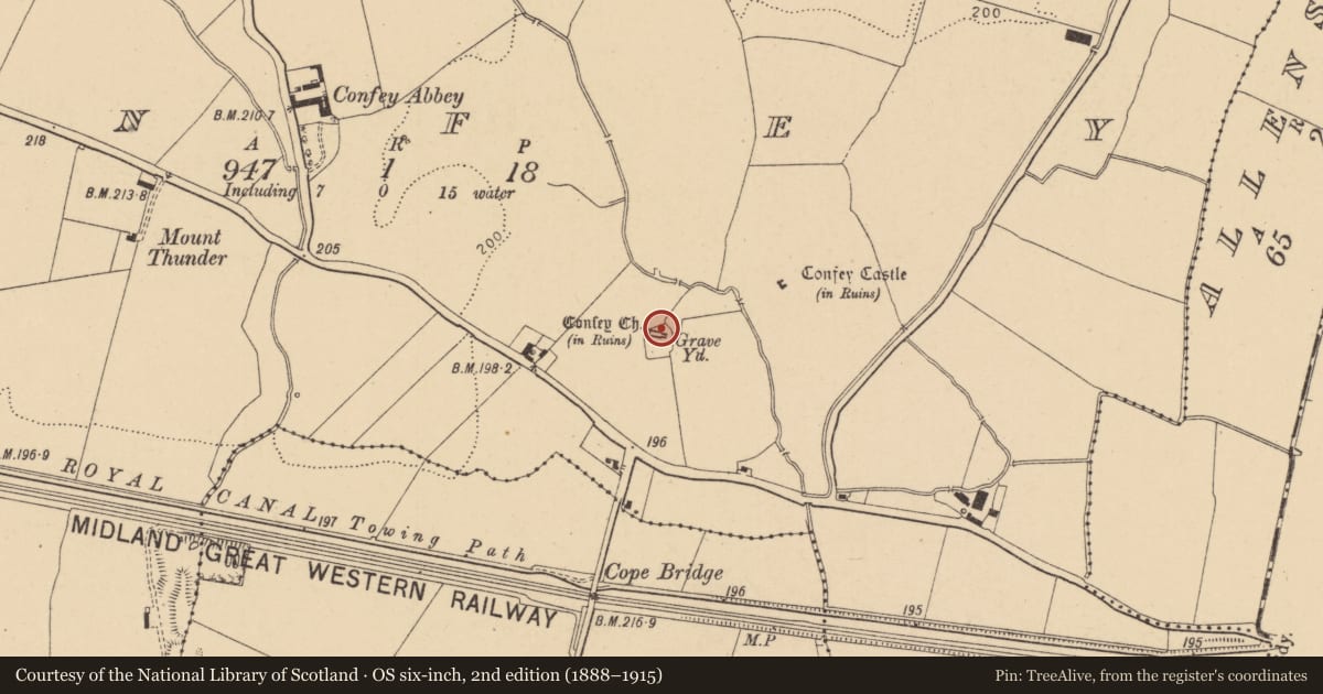 Ordnance Survey six-inch map, 2nd edition (1888–1915) covering the location of Church, Confey, County Kildare, with a pin at the register's coordinates