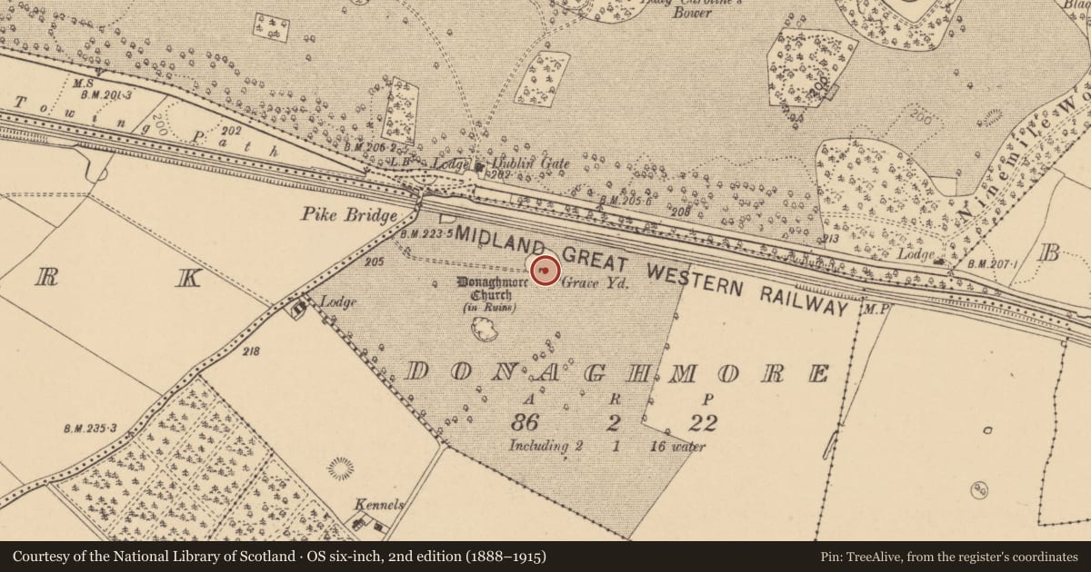 Ordnance Survey six-inch map, 2nd edition (1888–1915) covering the location of Church, Donaghmore, County Kildare, with a pin at the register's coordinates
