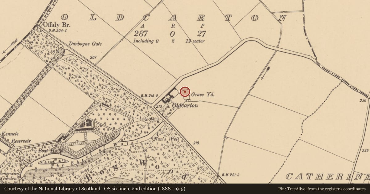Ordnance Survey six-inch map, 2nd edition (1888–1915) covering the location of Church, Oldcarton, County Kildare, with a pin at the register's coordinates