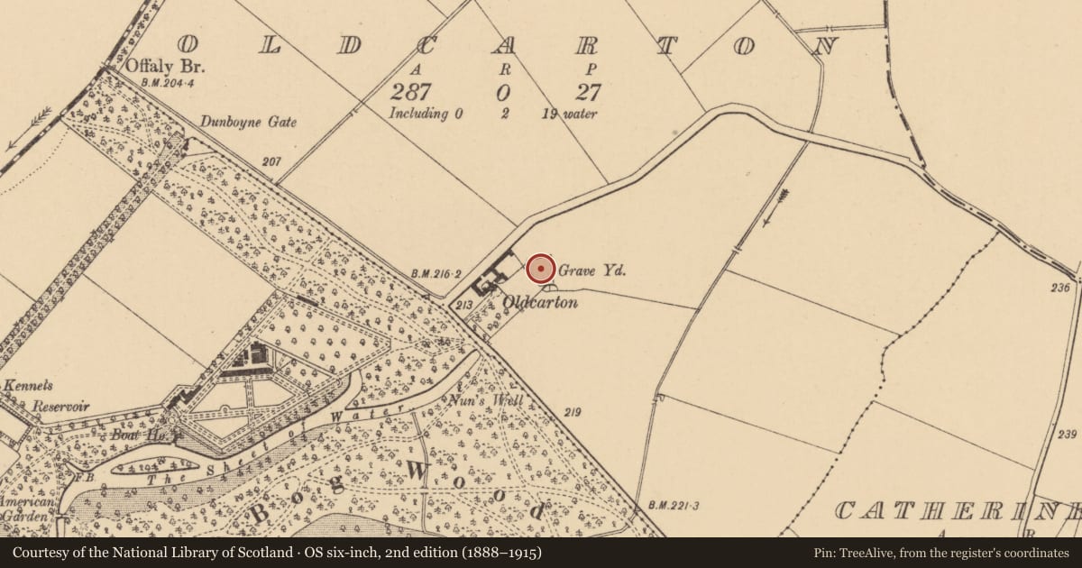 Ordnance Survey six-inch map, 2nd edition (1888–1915) covering the location of Graveyard, Oldcarton, County Kildare, with a pin at the register's coordinates