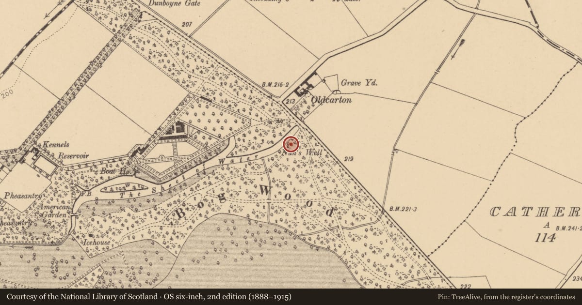 Ordnance Survey six-inch map, 2nd edition (1888–1915) covering the location of Ritual site - holy well, Carton Demesne, County Kildare, with a pin at the register's coordinates