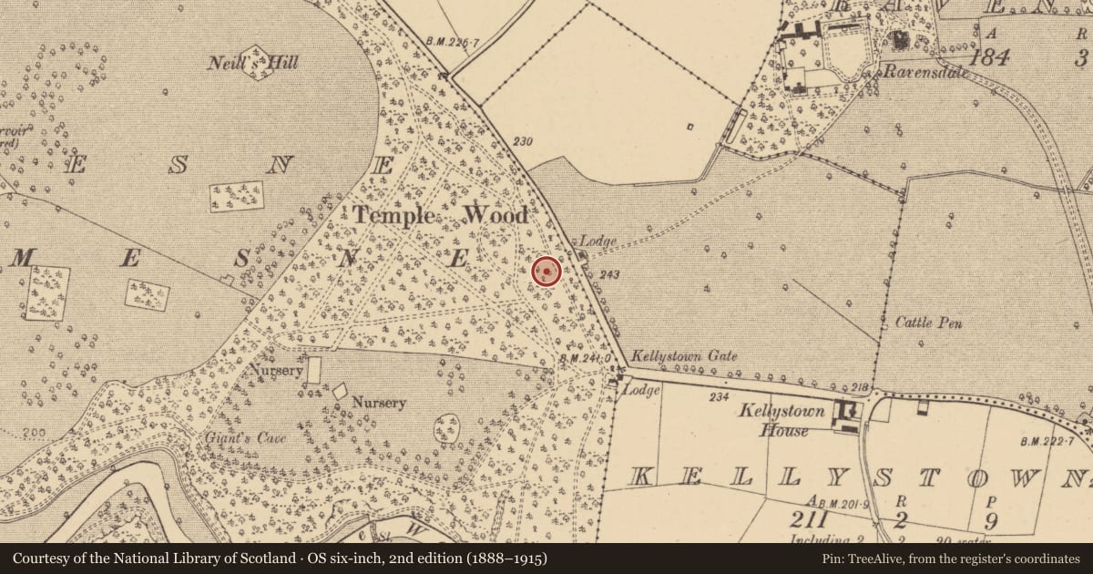 Ordnance Survey six-inch map, 2nd edition (1888–1915) covering the location of Burial ground, Carton Demesne, County Kildare, with a pin at the register's coordinates