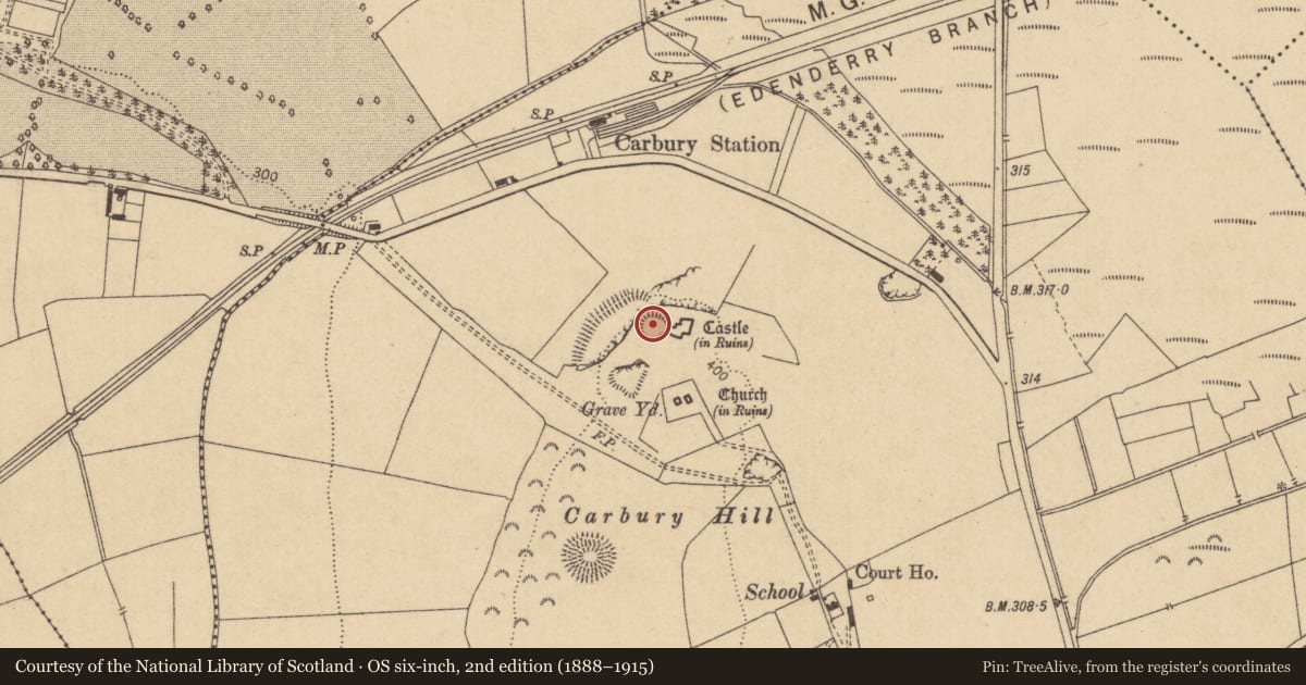 Ordnance Survey six-inch map, 2nd edition (1888–1915) covering the location of Castle - motte, Carbury, County Kildare, with a pin at the register's coordinates