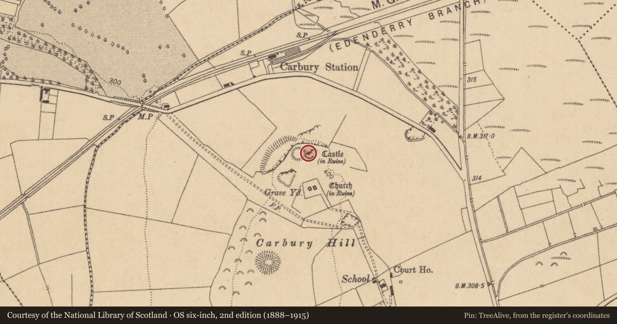 Ordnance Survey six-inch map, 2nd edition (1888–1915) covering the location of Castle - Anglo-Norman masonry castle, Carbury, County Kildare, with a pin at the register's coordinates
