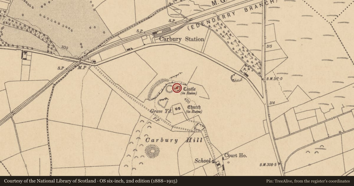 Ordnance Survey six-inch map, 2nd edition (1888–1915) covering the location of House - fortified house, Carbury, County Kildare, with a pin at the register's coordinates
