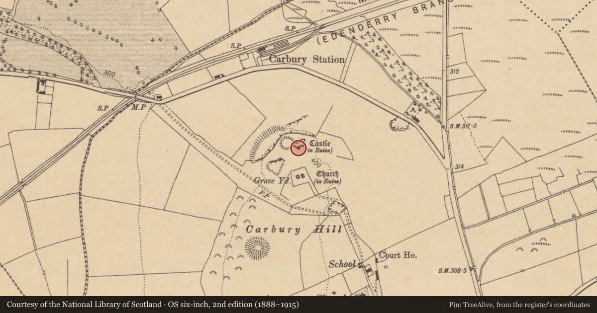 Ordnance Survey six-inch map, 2nd edition (1888–1915) covering the location of Designed landscape feature, Carbury, County Kildare, with a pin at the register's coordinates