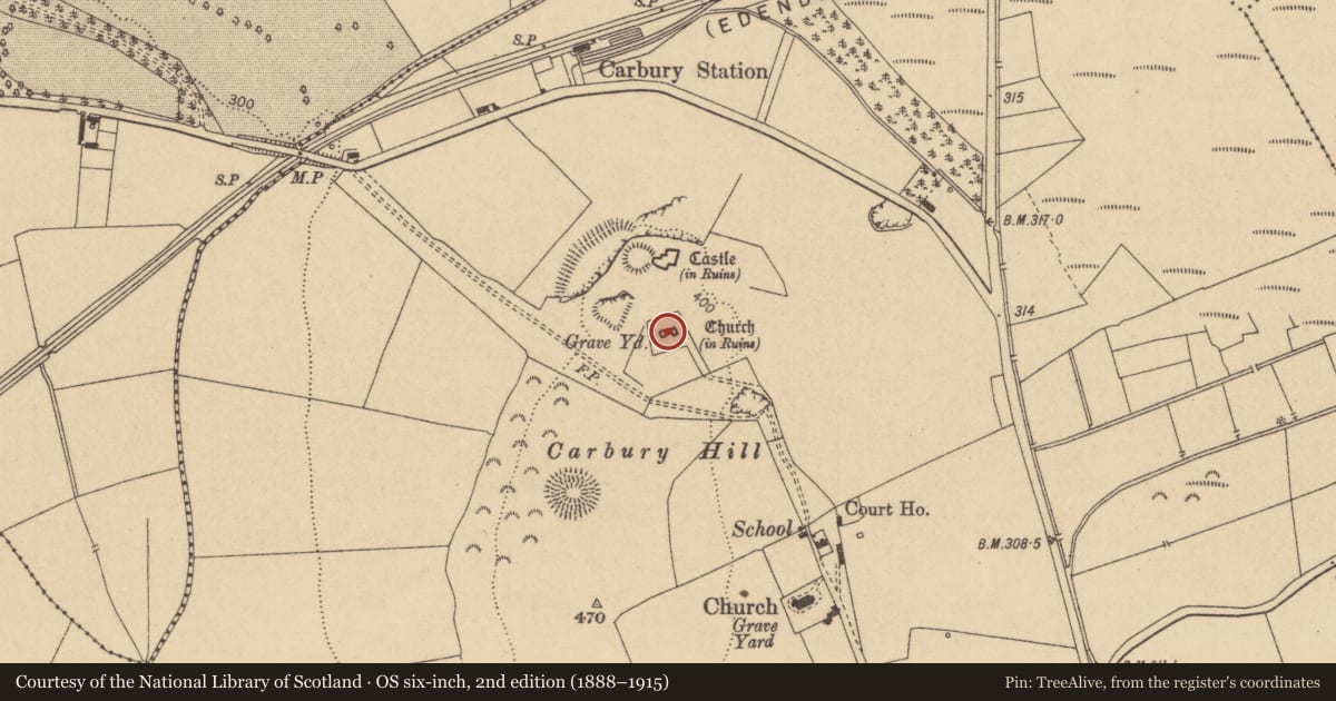 Ordnance Survey six-inch map, 2nd edition (1888–1915) covering the location of Church, Carbury, County Kildare, with a pin at the register's coordinates
