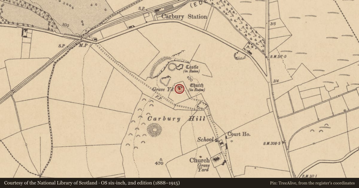 Ordnance Survey six-inch map, 2nd edition (1888–1915) covering the location of Wall monument, Carbury, County Kildare, with a pin at the register's coordinates