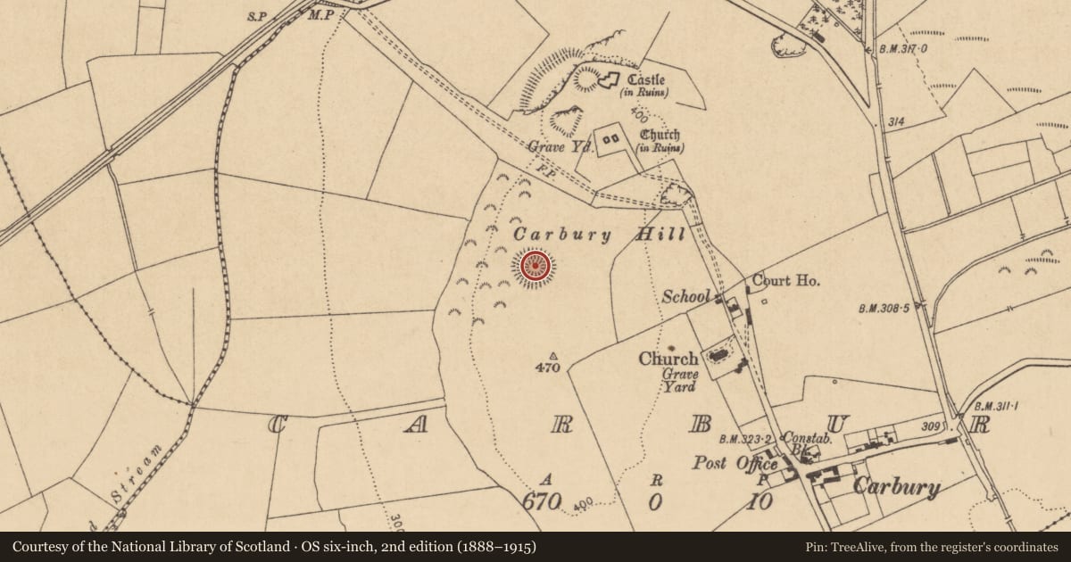 Ordnance Survey six-inch map, 2nd edition (1888–1915) covering the location of Barrow - ring-barrow, Carbury, County Kildare, with a pin at the register's coordinates